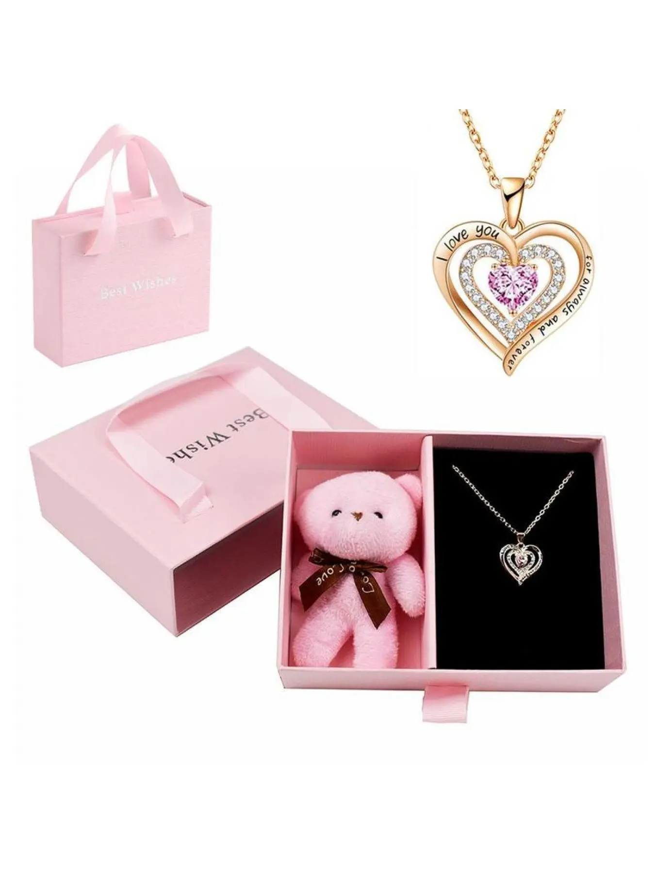 Gift Box with Soap Flower & Heart Pendant Necklace, 1 Box Creative Square Gift Box with Handle, Birthday Wedding Engagement Gifts for Women & Girls, Valentine's Day Gift, Jewelry Gifts, Heart Design Necklace