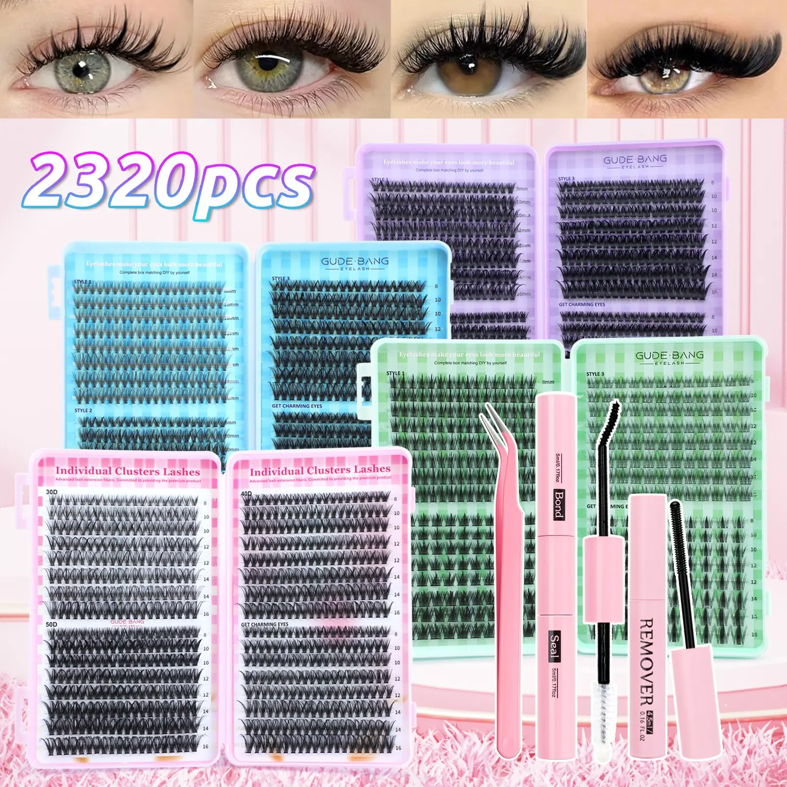 Large Capacity False Eyelashes Set, Mixed D Curl, Mixed Individual Lashes, DIY Fake Lashes, DIY Eyelash Clusters, Cluster Lash Extension, Makeup, Includes Glue, Tweezers, Remover, Perfect for Daily Use, Parties, Travel