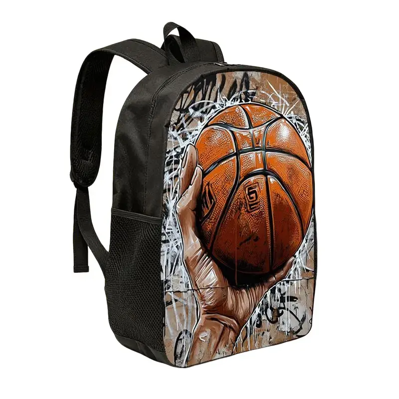 Durable Water Resistant Single Kids Backpack, Lightweight 600D Oxford School Daypack with Graffiti Wall Hand-Holding Basketball Full Print, Breathable Padded Strap Large Capacity Sports Casual Bookbag for Basketball Loving Boys