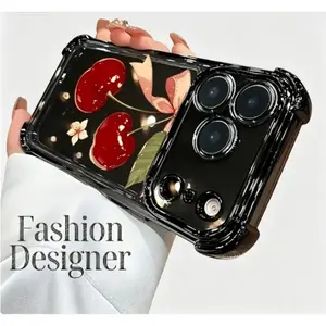 Trendy Designer Plated Transparent Shockproof TPU Phone Case Cherry Floral Bow Pattern for iPhone 11 17 Series X Series Full Coverage Soft Cases