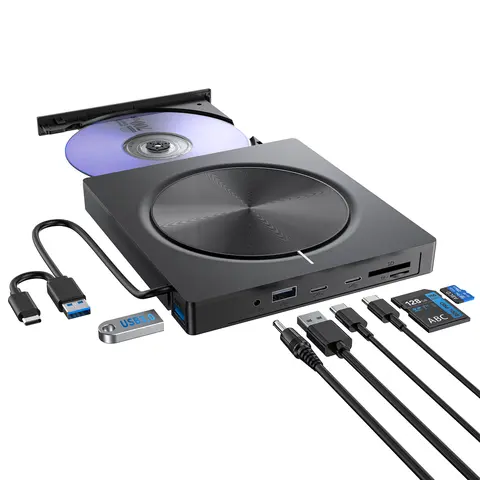 8-in-1 USB 3.0 High-Speed External CD/DVD Burner Hub - Compact 8 in 1 Hub with CD-R Burning, 2 USB-A Ports, 24x CD/8x DVD Speed, Plug&Play for Desktops, Laptops (Mac, Windows 11/10/8/7) Ideal for Travel, Remote Work