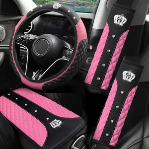 AKPTNNY Crown Artificial Diamond Glitter Fashion PU Leather Non-slip No Inner Ring Car Steering Wheel Cover Set 4pcs Fit For 37-38CM Steering Wheel Car Accessories