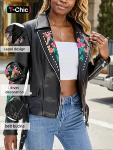 Women's PU Leather Jacket, Punk Style Floral Embroidery, Long Sleeve Fitted Biker Coat with Belt, All Seasons Wear Outerwear, Womenswear