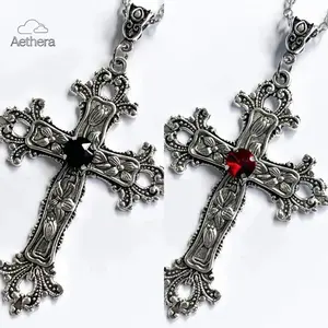 Aethera 2026 New 2-Pcs Y2K Punk Crystal Cross Pendant Necklace Unisex Gothic Irregular Clavicle Chain Stainless Steel Fade-Resistant Aesthetic Jewelry for Daily Wear Parties Halloween TikTok Shop