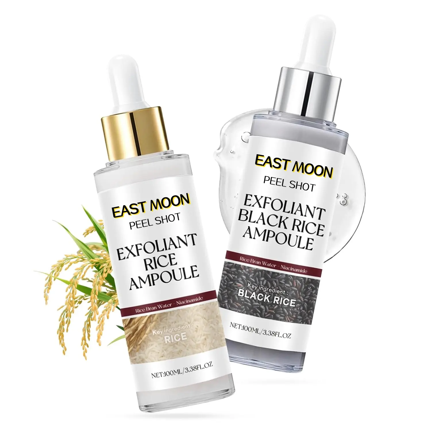 Peel Shot Glow Rice Ampoule Duo - Glycerin-Infused Face Serums with Dual-Action Exfoliation, Hydration, Even Skin Tone, Gentle Scrubfree Care; White & Black Rice Exfoliant, Blackhead Remover, Pore Refiner, Brightener, Skin Repair, Acne Care