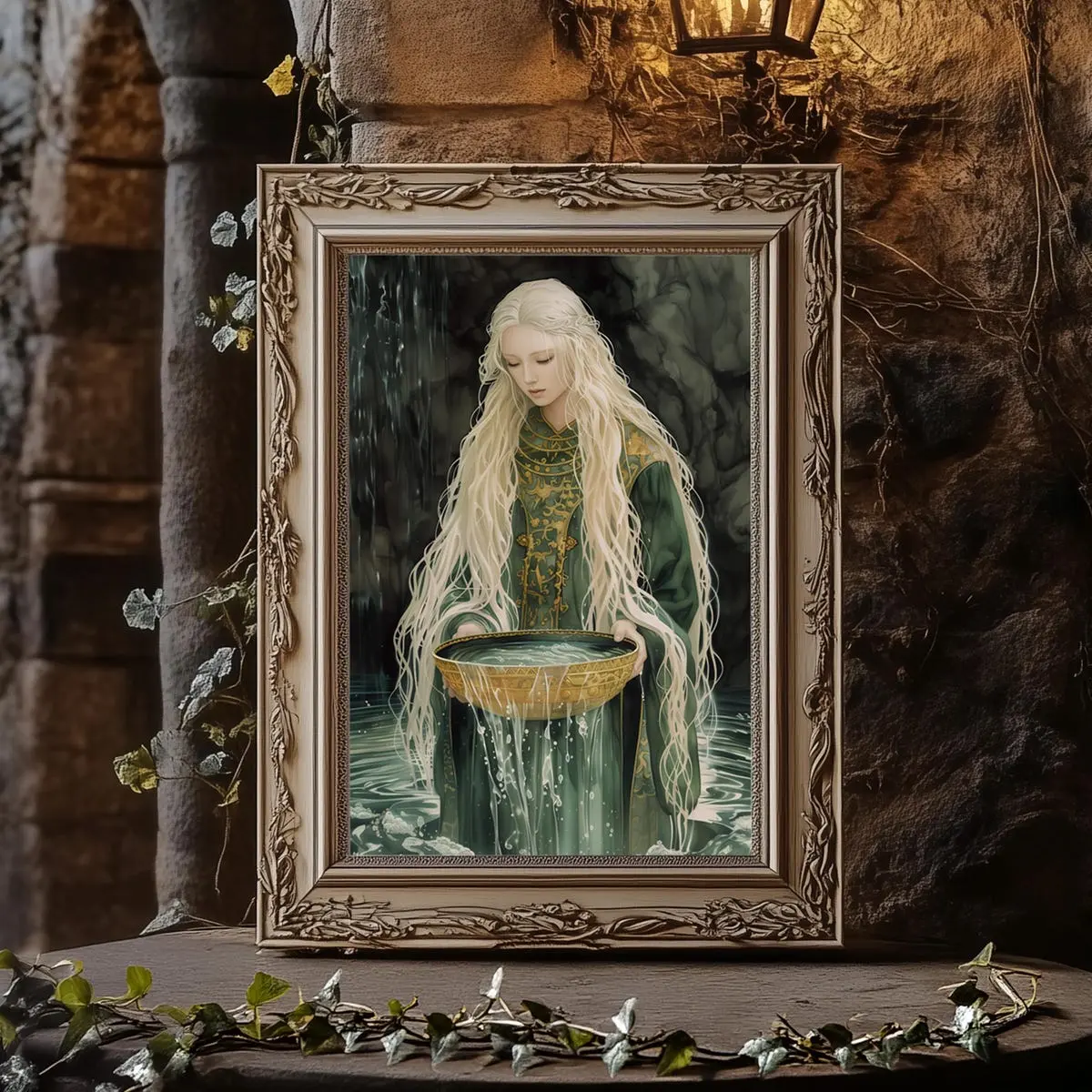 Divine Feminine Art, Celtic Goddess Gift, Green Celtic Wall Decor, Danu with Bowl of Water Matte Print, 5 Size, 8x12 to 27x40 inch, Unframed, Room Decor