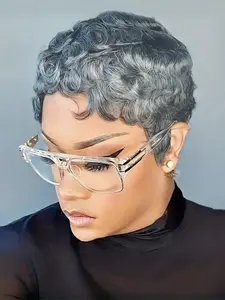 Human Hair Wig Natural Grey with Loose Curls 180% DensityMachine-Made Wig with Rose Net Cap Comfortable Fit for Daily Wear