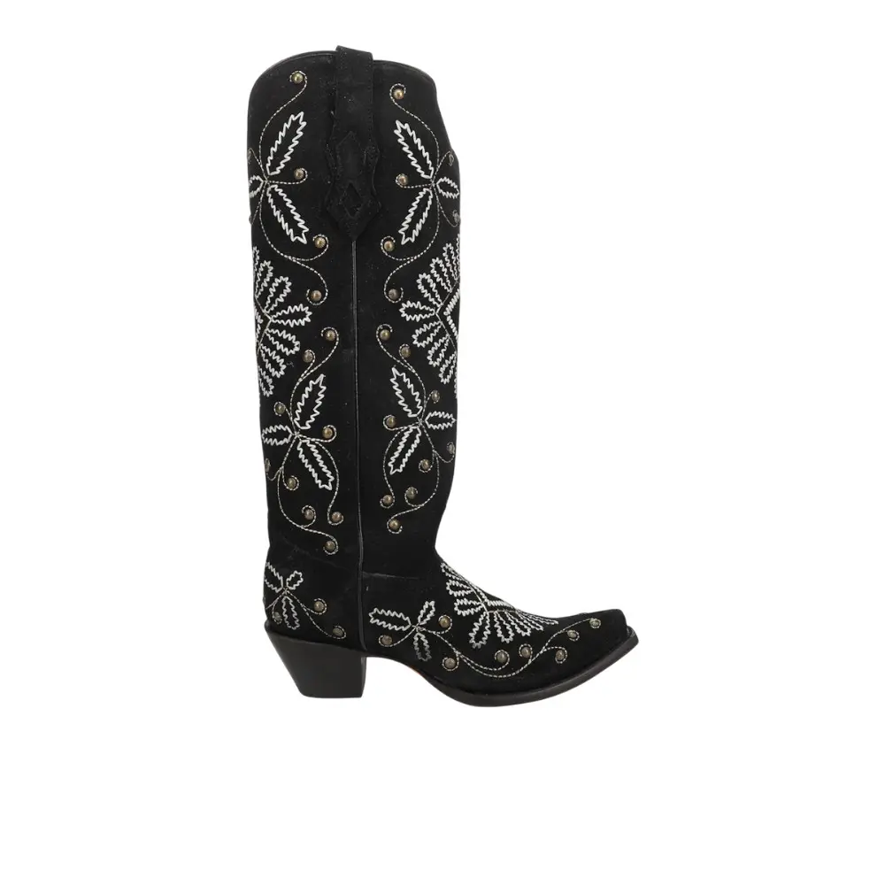 Corral Boots Womens Luminescent Embroidered Studded Snip Toe Pull On  Casual Boots Knee High Mid Heel 2-3" - Black