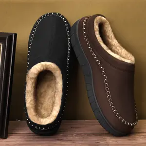 Men's Winter Anti-Slip Moccasin Slippers with Thick Rubber Sole and Memory Foam Insole for Home Use Brown Microsuede Upper Plush Fleece Lining Cozy Stylish Gift Fathersdaygift