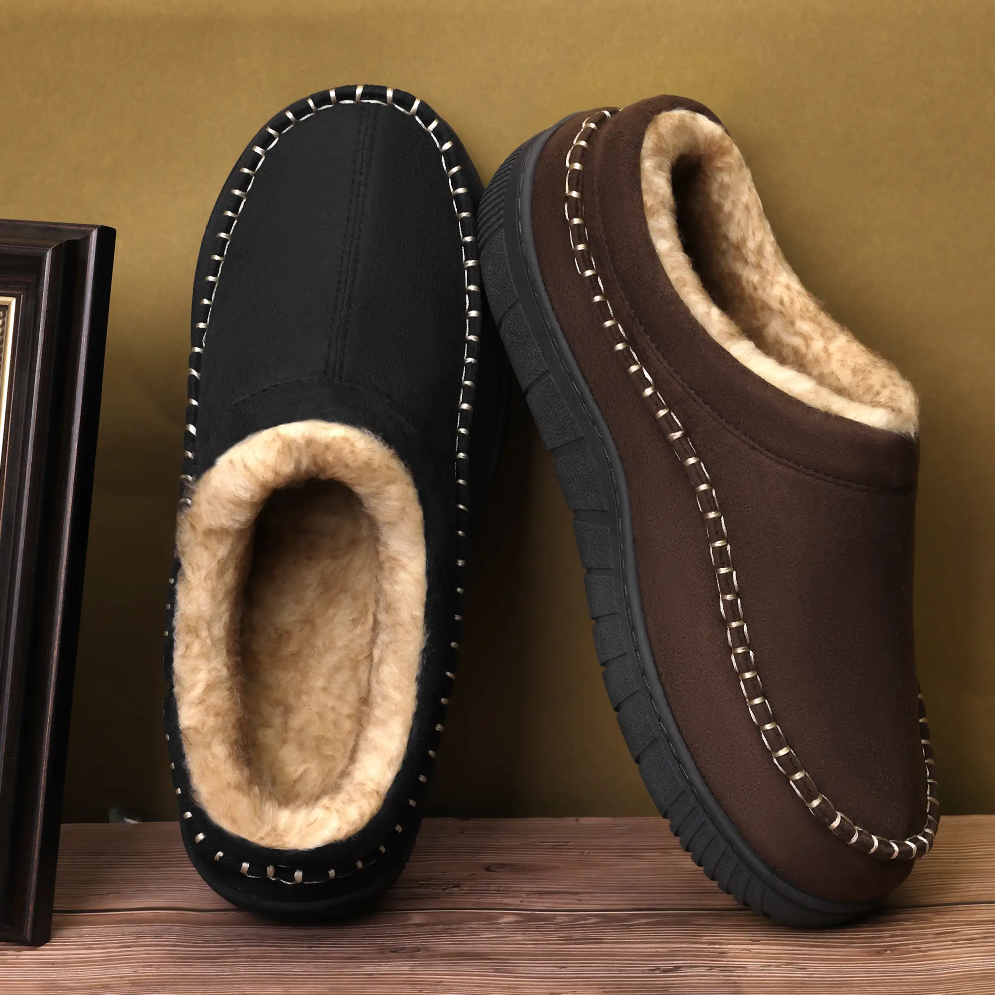 Mens Winter Slippers Thick Rubber Sole Memory Foam Insole Warm Fuzzy Fluffy Comfy House Shoes Anti-Slip Moccasin Boy Footwear Stylish Cozy Gift for Hi
