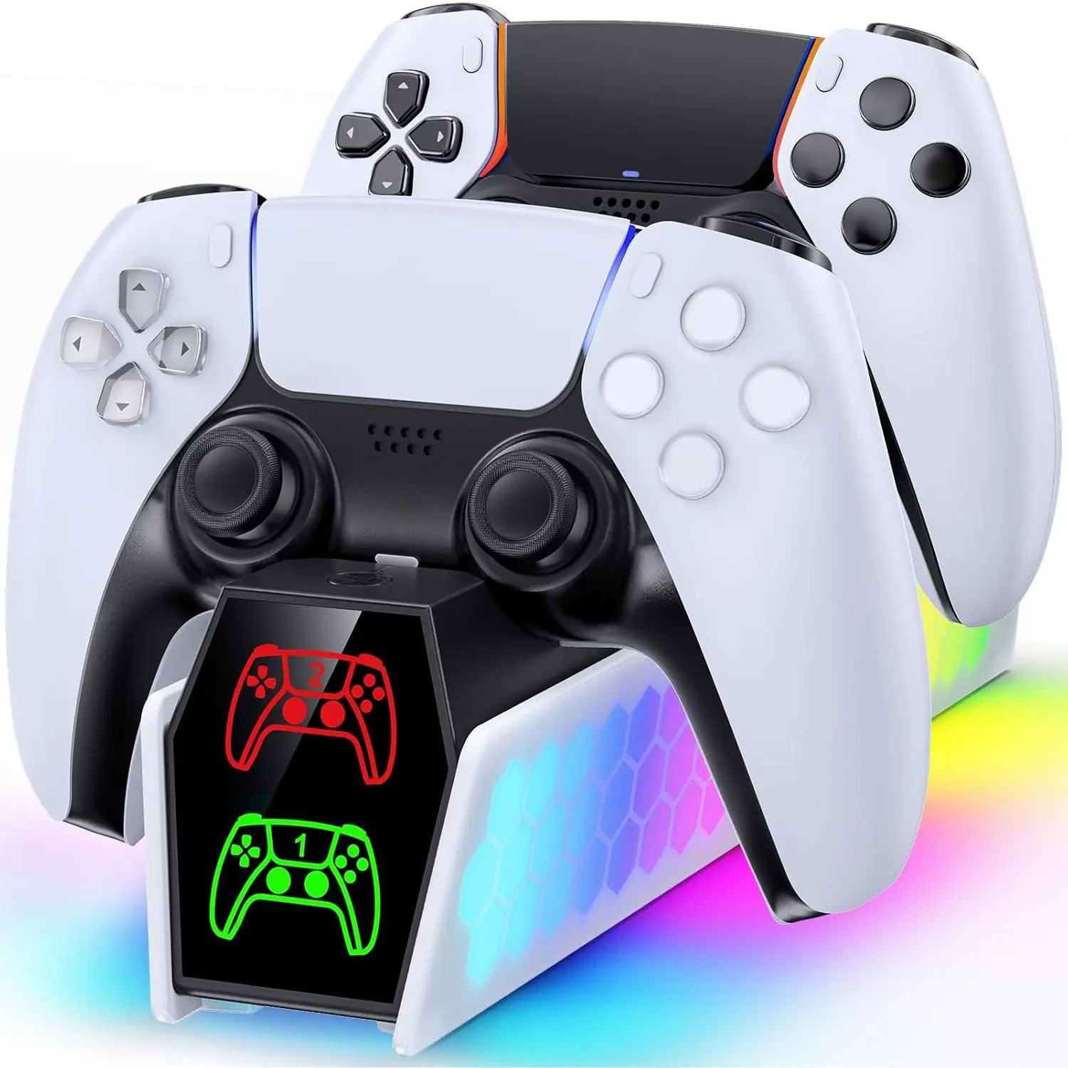 P-CPS032 Rechargeable PS5 Controller Charger Station - Fast Charging, 2-Hour Rapid Charge, RGB Lights, LED Indicator, Port, Cable, Compatible with DualSense & Edge Remotes, PlayStation 5 Console Accessory, Led Light, Fastcharging