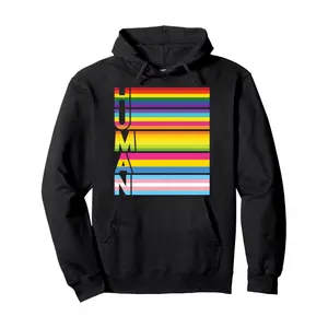 Men's LGBTQ+ Pride Hooded Sweatshirt - Transgender Pride Pullover with Bold HUMAN & LGBTQ+ Lettering, Rainbow Colors (Pink/Green/Blue/Purple/Orange/Yellow/Pink) - Black with Multicolor Stripes - Casual Winter Warmth for Pride Events, Christmas & Birthday