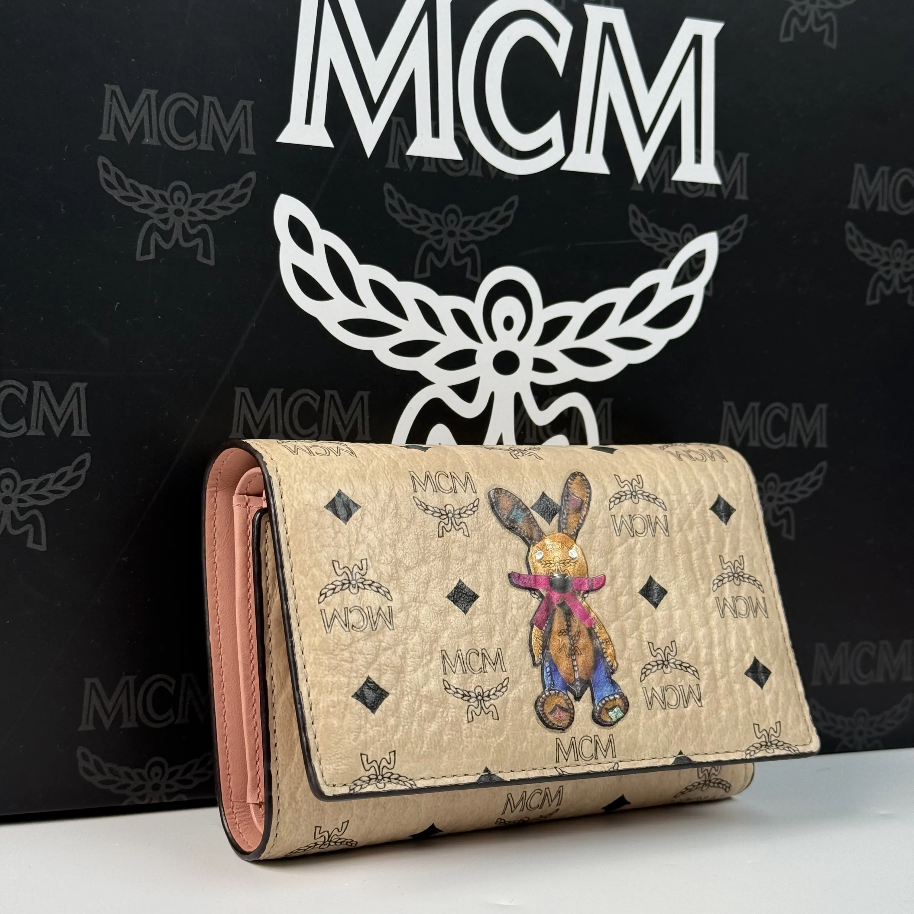 Pre-owned MCM Visetos Leather Rabbit Applique Medium Flap Clutch Wallet, Pre Loved Luxury Clutch Shape Accessory