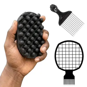 Professional 4-in-1 Freeform Twist Brush Kit for Black Hair, Upgraded Silicone Sponge Brush with Stainless Steel Metal Fist Pick, Mesh Comb and Hair Edge Brush for Coils and Afro Styling