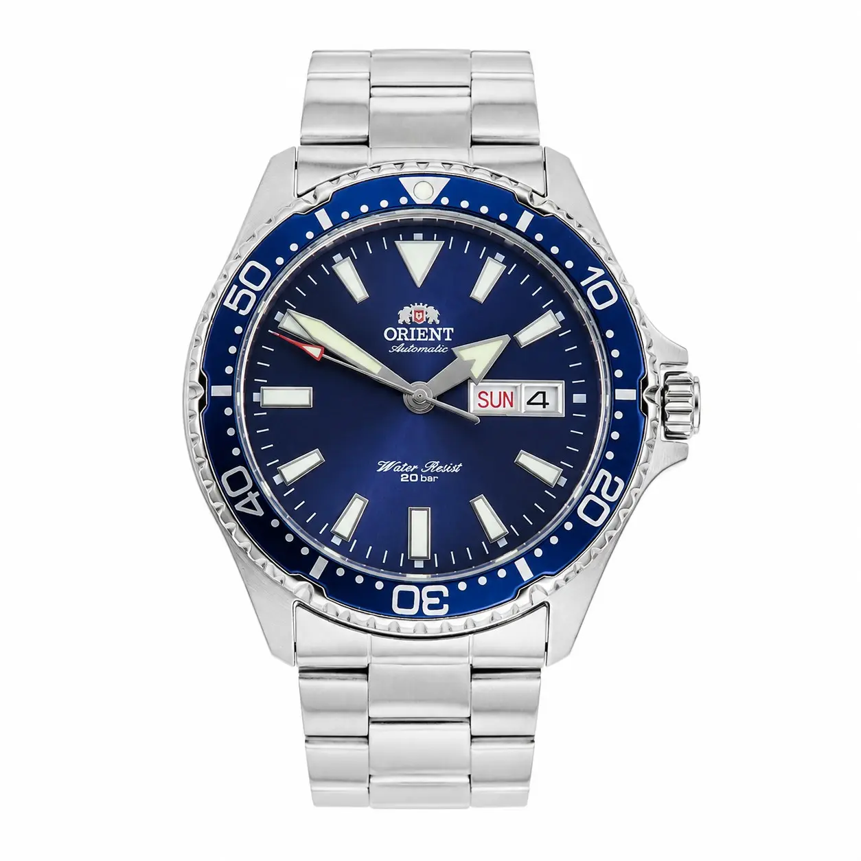 Orient Men Automatic Diver Watch 200M Waterproof Rotating Bezel Luminous Dial Day Date Display Stainless Steel Bracelet Sport Mechanical Wristwatch Green Red Dial Casual Diving Male Watch