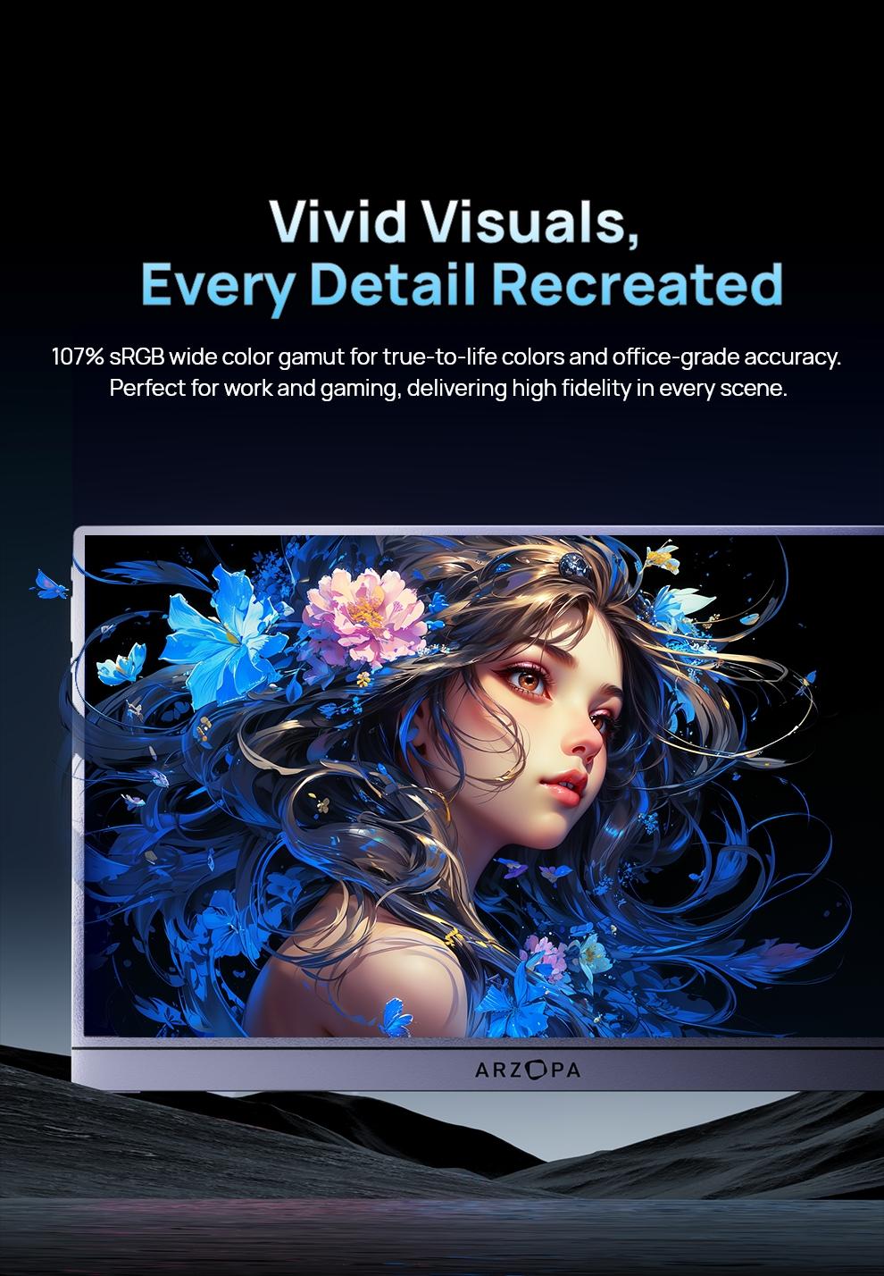 ARZOPA 16.1" 2.5K 180Hz Portable Gaming Monitor 107% sRGB 2560x1440 QHD 1080P Ultra Slim External Second Screen for Laptop PC PS5 Mac Xbox with Built-in KickStand & Dual Speakers