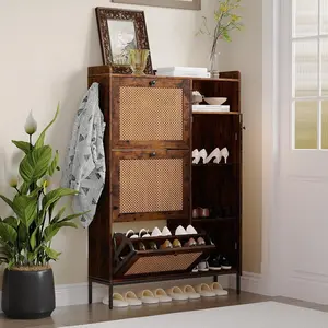 Rattan Wooden Multifunctional Storage Shoe Cabinet with 3 Flip Drawers & Adjustable Side Cabinets, Boho Organiser for Hallway, Living Room, Entryway Racks Metal