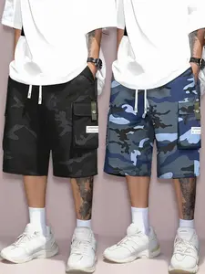 Men's 2-Piece Menswear Casual Camouflage Cargo Shorts Set - Mid Waist, Loose-Fit, Multi-Pockets, Casual Drawstring, 7/8 Streetwear Athletic Shorts, Casual Drawstring Shorts