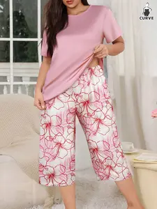 Women's Plus Size Knitted Pajama Set, Floral Print Short Sleeve Top and Seven-Quarter Pants, Casual Loungewear for All Seasons, Casual Sleepwear Set