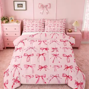 Kids Girls Bow Bedding Set Toddler Pink Bowknot Comforter Set for Girls Kawaii Polka Dots Bow Duvet Quilt