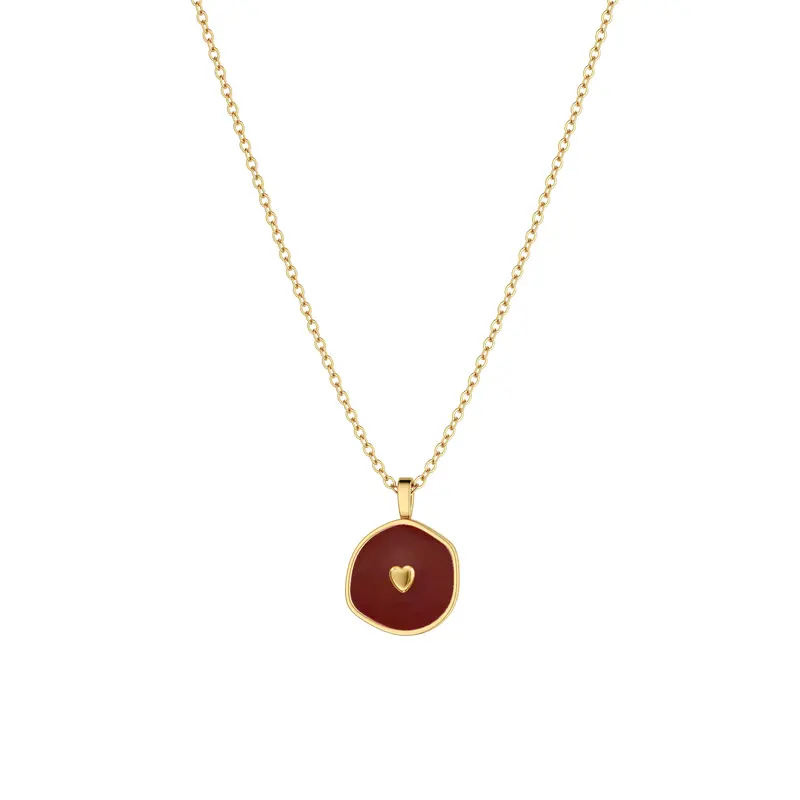 TEWIKY Women's Elegant Gold Aesthetic Enamel Disc Statement Heart Pendant Long Chain Jewelry Necklace - 42+5cm Metal Coating, Dainty Contemporary, Party Accessory, Valentine’s Meaningful Gift, Daily Elegance