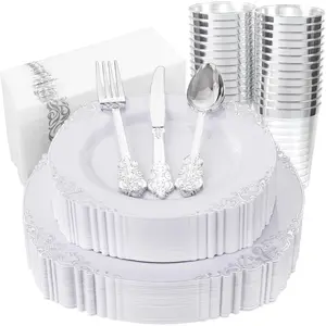 175 count  Plastic Plates - White and  Disposable Plates for 25 Guests Include 50Plates, 25Cups, 25Forks, 25Knives, 25Spoons, 25Napkins for Wedding & Party
