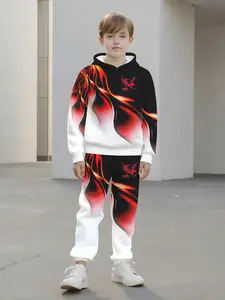 Flame Phoenix Hoodie Set, 3D Street Cool Style Boys' Sweatshirt & Pants Two-Piece, Casual Slim-Fitting Spring & Fall