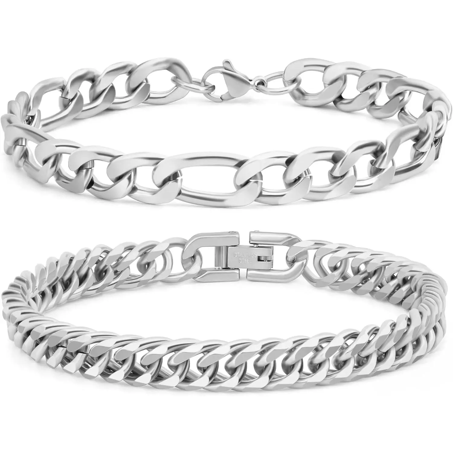 2PCS Cuban Link Figaro Bracelet, Silver Gold Black Sturdy 316L Stainless Steel Cuban Link Chain for Men Jewelry Set with Gift Message Card 8mm, 7/8/9 Inches