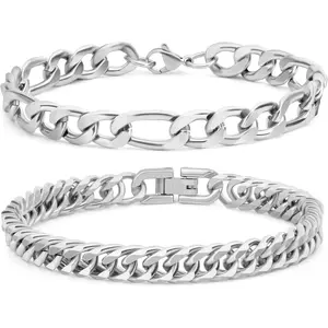 2PCS Cuban Link Figaro Bracelet, Silver Gold Black Sturdy 316L Stainless Steel Cuban Link Chain for Men Jewelry Set with Gift Message Card 8mm, 7/8/9 Inches