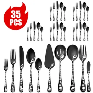 35-Piece Christmas Flatware Set for 6, Stainless Steel, Includes Serving Utensils, Creative Laser Pattern Cutlery, Perfect for Home, Restaurant, Party, Spoons