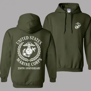 US Marine Corps 250th Anniversary Hoodie, Semper Fi Military Green Pullover, Veteran Patriotic Sweatshirt, USMC Commemorative Graphic Hoodie