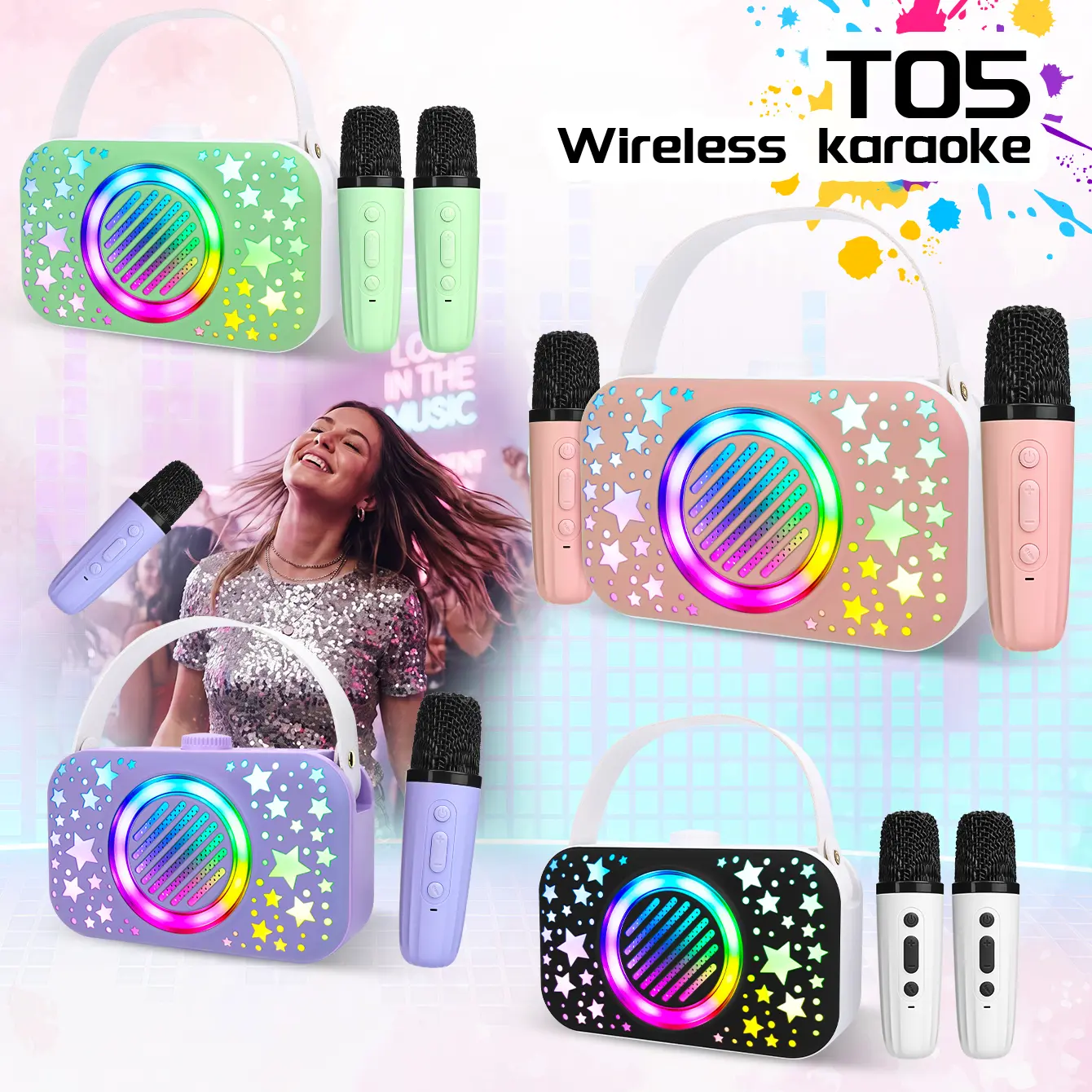 JELLOO Portable Bluetooth Karaoke Machine with 2 Wireless Microphones, HI-FI Sound, 5 Voice Effects, LED Lights, TF/AUX, ABS+Acrylic Box Set, Family Home Party Gifts for Kids 3-12+ Toddlers