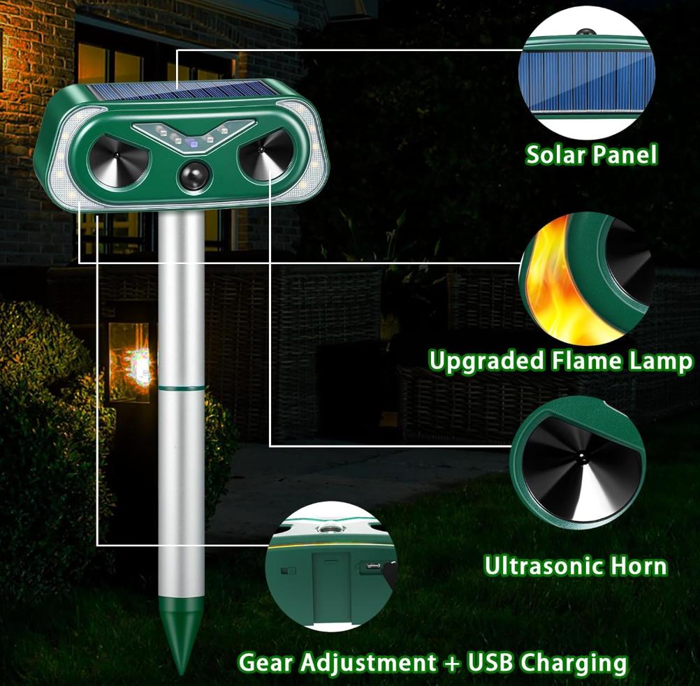 Solar Ultrasonic Flame Lamp Animal Repeller - Home Essentials, 3-9M PIR Motion Sensor, IP66 Waterproof Outdoor Pest Control Stake for Yard, Garden, Repels Squirrels, Deer, Birds, Rats, Weasels, Mosquitoes