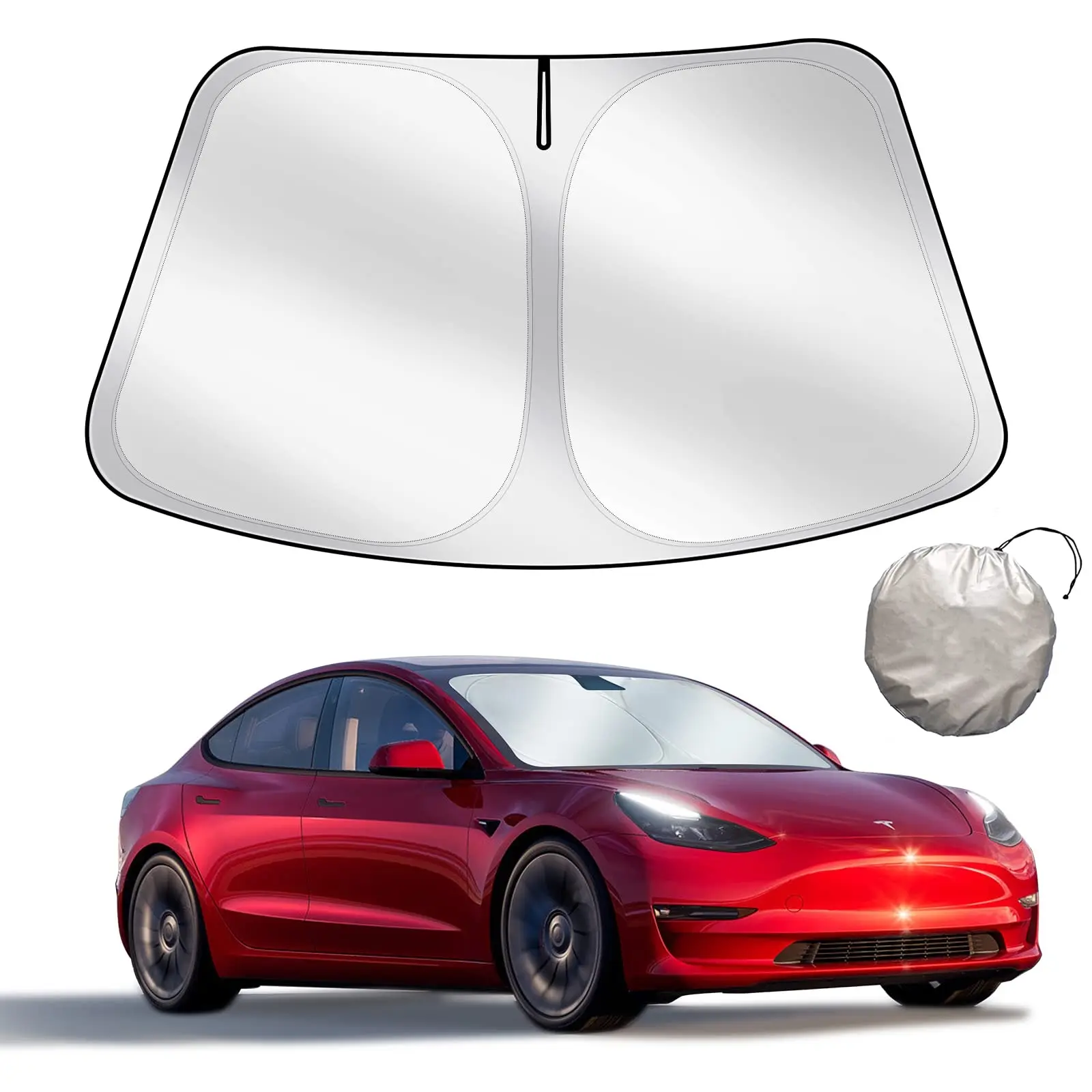 Foldable Front Windshield Sunshade Umbrella for Tesla Model Y - Easy Fold, UV Shielding, Heat Blocker, Reflective Poly, Snug Fit Car Exterior Accessory, Vehicle Cooling Cover, Privacy Curtain, Heat Damage Protection Visor