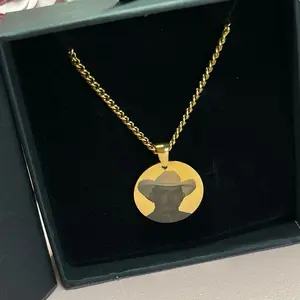 Round Portrait Necklace Thick Chain - Gold-Tone Circular Pendant with Unique Design