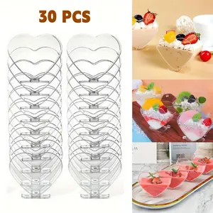 Ins-Style Double Heart Shaped Dessert Bowls, 30 Pcs Thickened Transparent Snack Cups, Perfect for Family Gatherings & Birthday Parties, Multi-Purpose Serving Cups for Cakes, Puddings & Food Plating