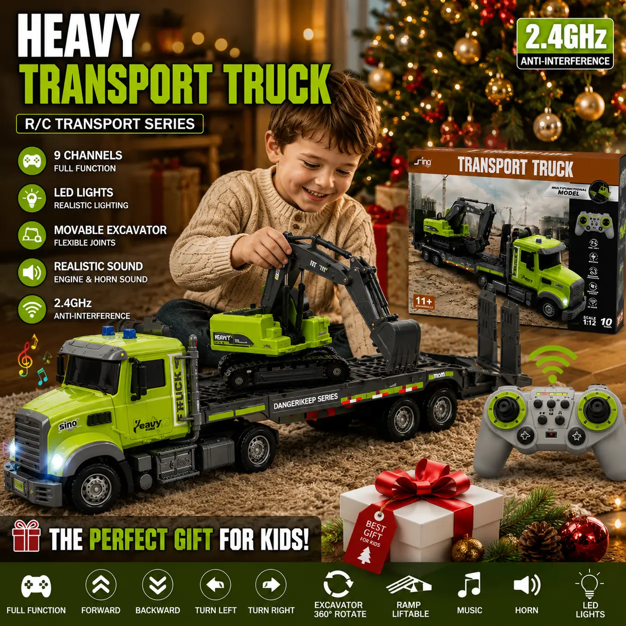 11-piece alloy semi-trailer tractor transport vehicle set, trailer and excavator dual-mode remote control, 1:12 scale remote control engineering vehicle with sound and light functions, alloy excavator toy, an excellent gift for boys and children