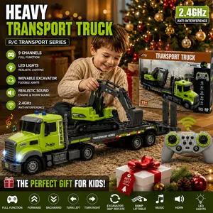 11-piece alloy semi-trailer tractor transport vehicle set, trailer and excavator dual-mode remote control, 1:12 scale remote control engineering vehicle with sound and light functions, alloy excavator toy, an excellent gift for boys and children