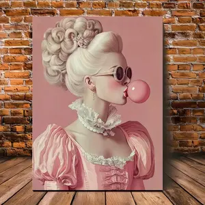 1pc Vintage Bubble Gum Portrait Canvas Print,  Wooden Framed Wall Art, Pink Retro Poster, Office & School Decor, Artistic Classroom Decoration, Suitable for Halloween, Bachelor Party, Beach Party, Anniversary