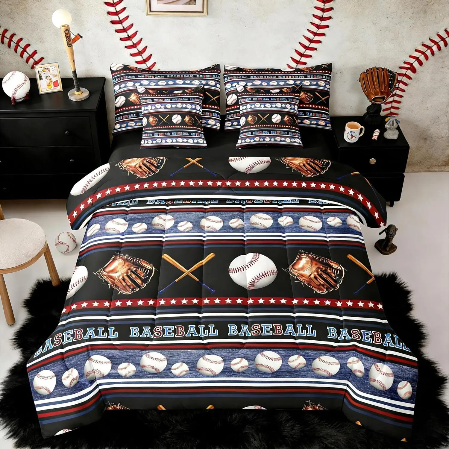 Baseball Comforter Set with Sheets for Kids Boys Girls Sports Theme 7 Pieces Bedding Set Baseball Bat Gloves Bed in a Bag Room Decor Soft Lightweight Microfiber