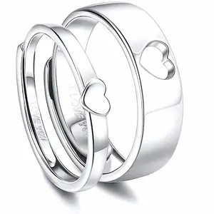 Adjustable Open Couple Heart Promise Rings with "I Love You" Engraving, Engagement Wedding Ring Set, High Polished Stainless Steel Comfort Fit