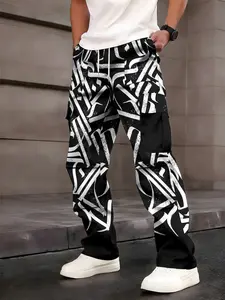 One-piece black and white graffiti line men's cargo pants with street functional style and multi-pocket design