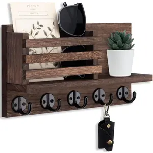 Lwenki Key Holder for Wall – Decorative Wooden Mail Holder and Key Shelf with Mounting Hardware, Installation Guide – Paulownia Wood with 5 Metal Key Hooks (11.8" x 6.7" x 2.8")