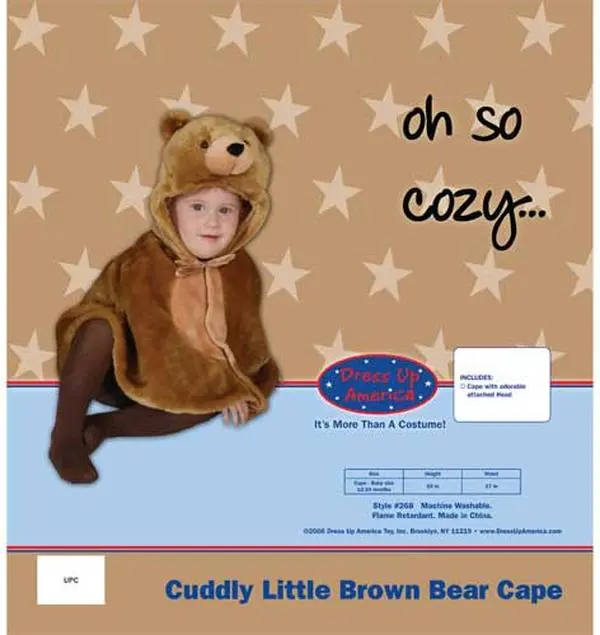 Dress Up America Kids' Hooded Brown Bear Costume Set, 100% Polyester 4 Plush Cape with Attached Head, Machine Washable, for Parties & Special Occasions, Size 4, All Occasions, Child Size, Durable Snap-Sealed Bag