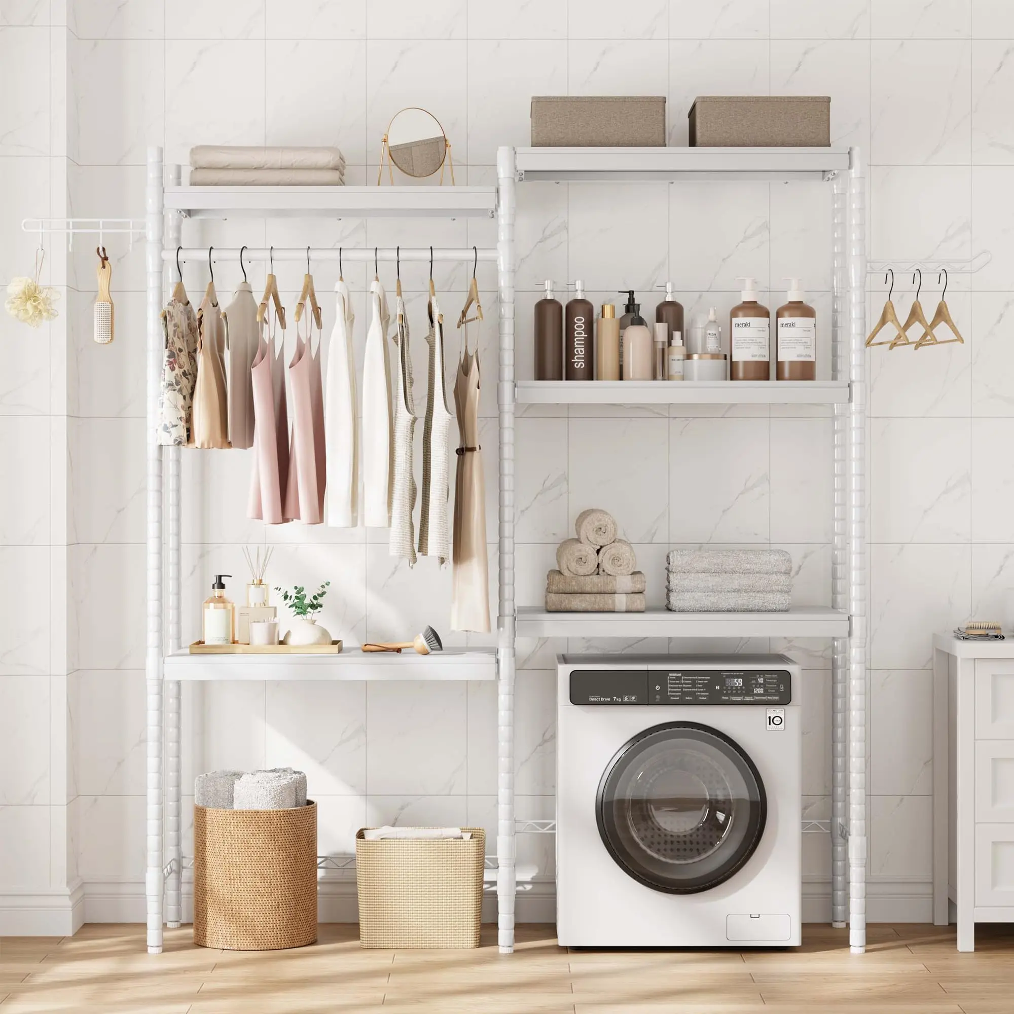 30"/28" 5‑Tier Adjustable Washer Dryer Shelf – Ventilated Double Wood Shelves, Laundry Organizer for Stackable Units – White