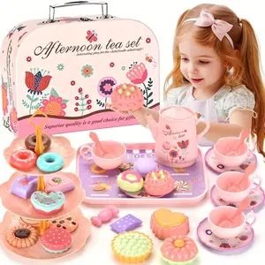 Kids Tea Party Set for Little Girls, Pretend Play Toy Tea Set with Desserts & Carry Case, Play Food Sets, Kitchen Play Set, Princess Tea Time Playset, Perfect Birthday Christmas Easter Gift for Toddler Girls