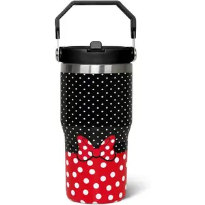 20 Oz Reusable Skinny Printed Stainless Steel Insulated Tumbler - Classic Stylish Cartoon Mouse Beverage Bottle, Portable Drinkware with Flip Straw, Lid, Top Handle, Red Bowknot, Travel Coffee Cup - Birthday Gift