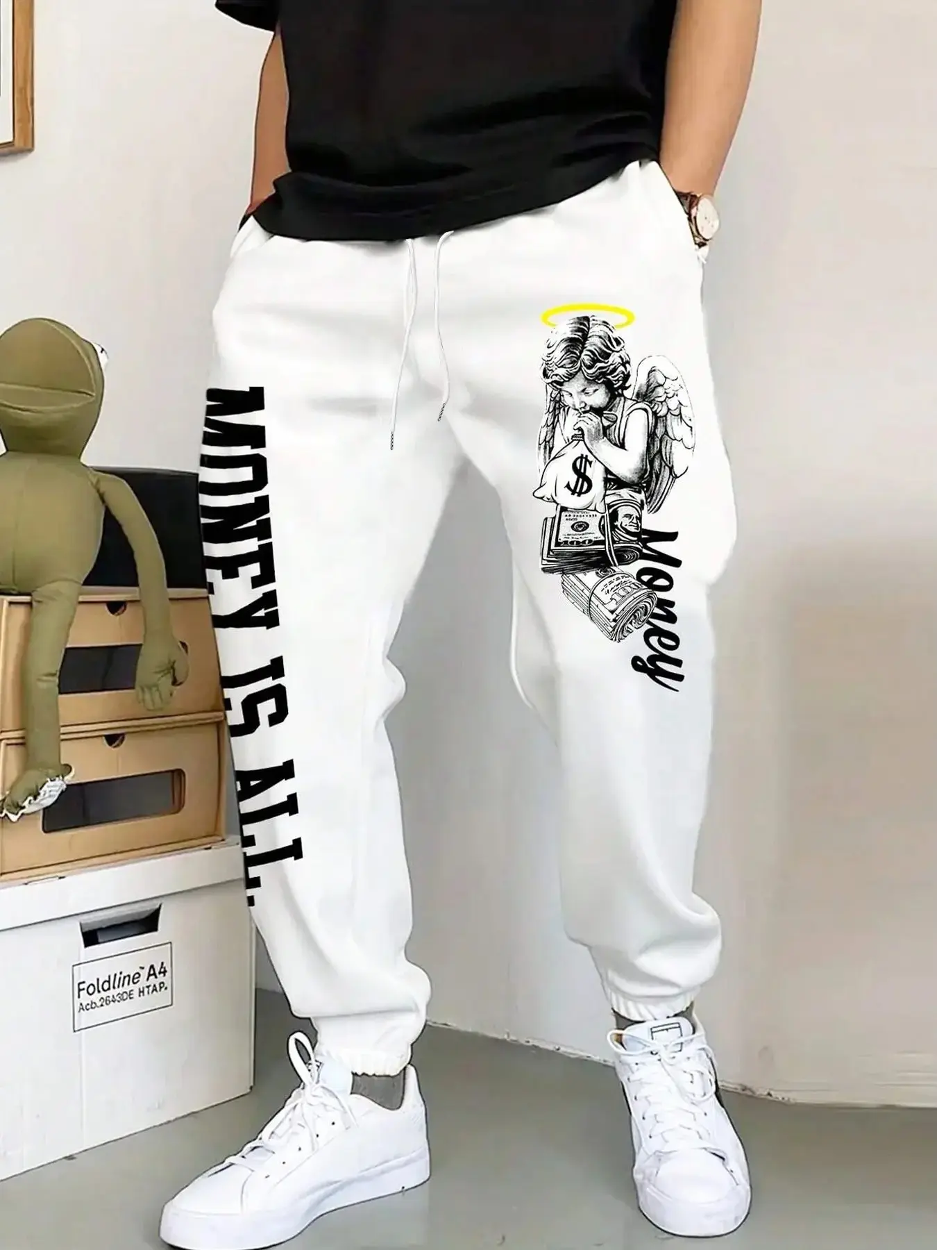 Unisex "Money Is All" Graphic Joggers - Aesthetic Angel & Cash Print Sweatpants - Premium Loose Fit Streetwear Pants for Hip-Hop Outfits, Gym, and Urban Lifestyle