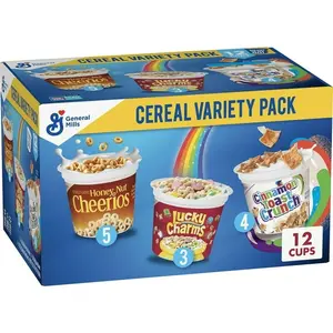 General Mills Cereal Cups Variety Pack, 12 Count – Ready-to-Eat Breakfast On-The-Go, Includes Lucky Charms, Cinnamon Toast Crunch & Cheerios Mix