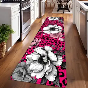 1PC， Pink and Black Floral Leopard Print Patterned strip rugs, home décor, bathroom mats, entryway mats, bathroom non-slip mats, indoor entrance rugs, bedroom bedside mats, kitchen mats, hallway rugs, flannel sponge rugs, hallway runner rugs